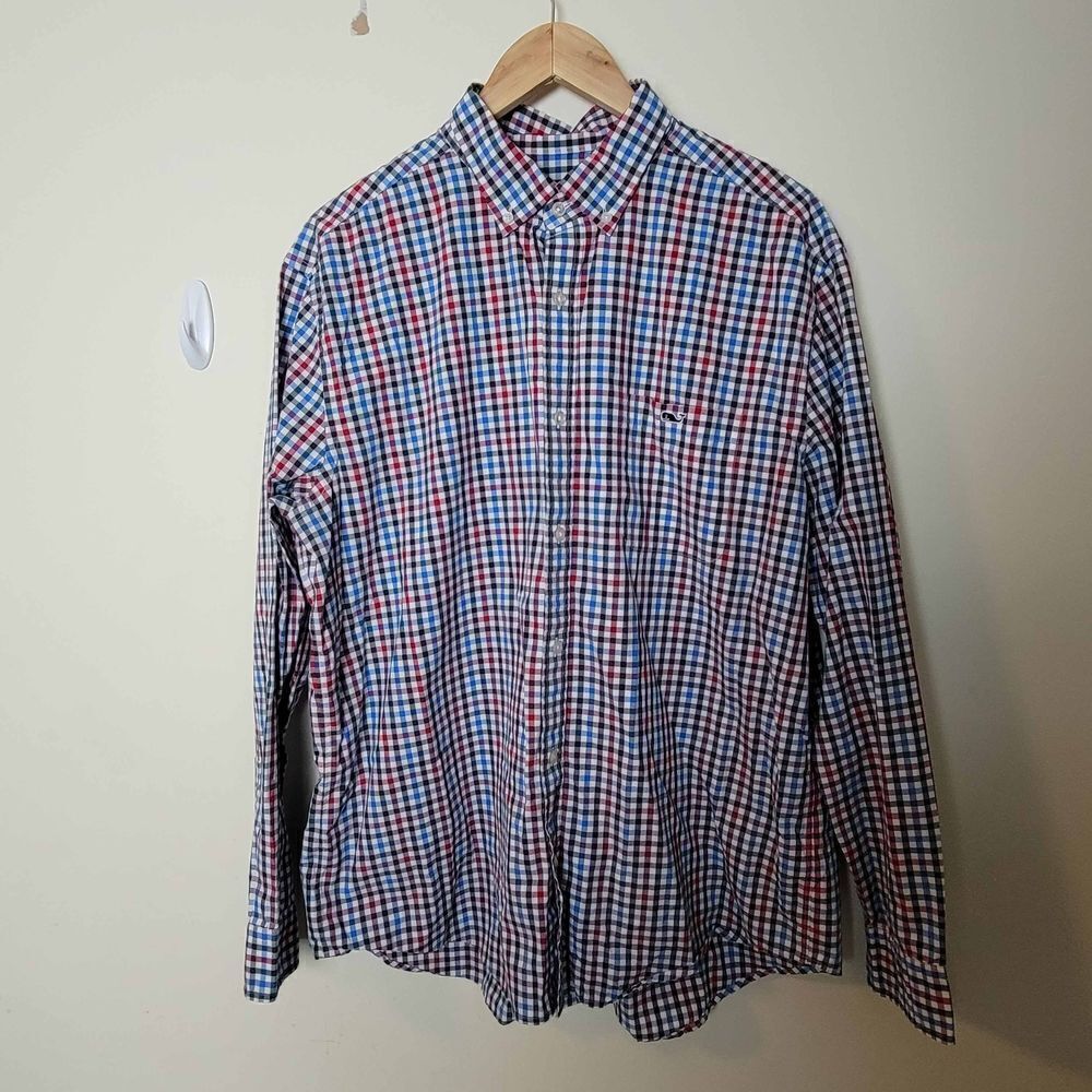 VINEYARD VINES Classic Fit Tucker Red, White & Blue Gingham Checkered Cotton Lon